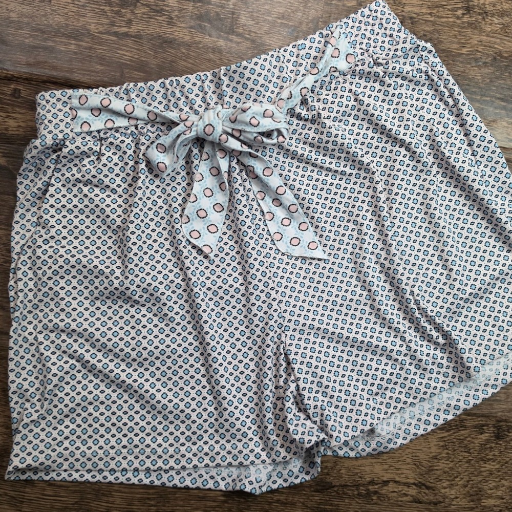 ECHO Pajama Shorts Womens Medium Blue Pink Geometric Medallion Tie Waist Lounge